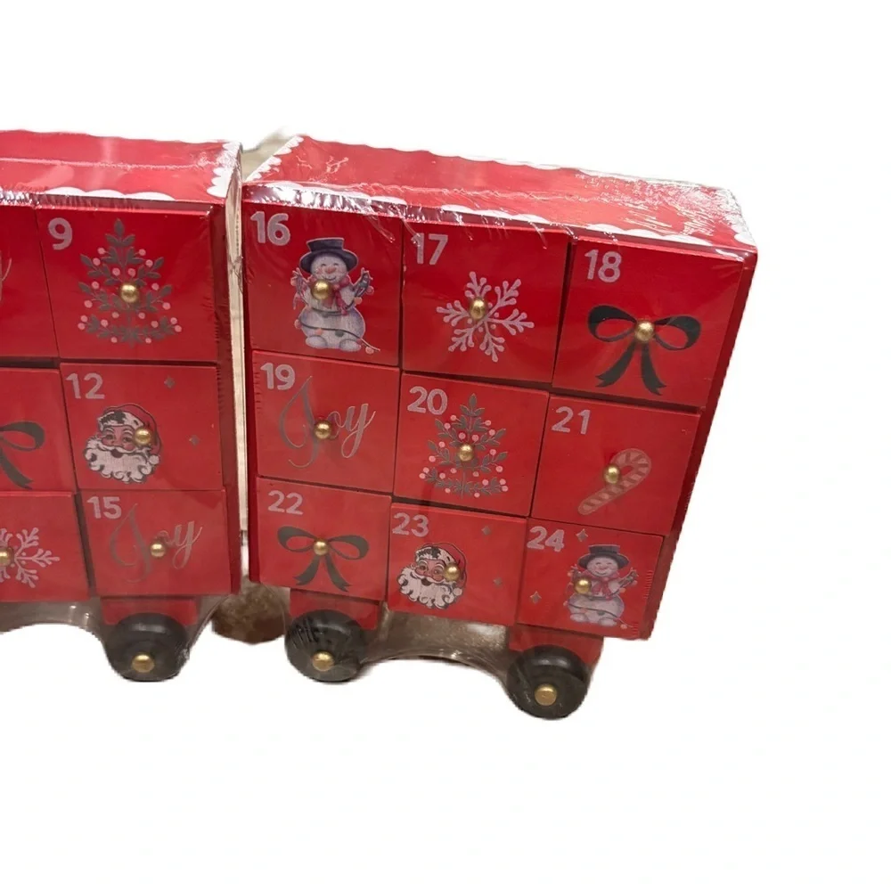 Holiday Time Red Green Train Advent Calendar NEW Wooden Santa Bow